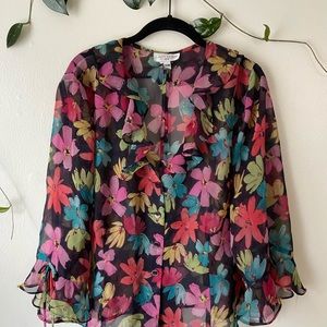 Sheer Spring Floral Flounce Top, button front and open back Lady Dorry size 20w